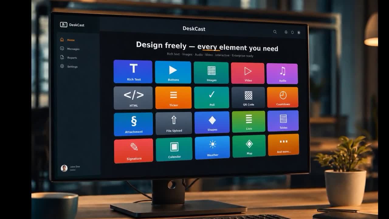 DeskCast message designer showing the available content elements