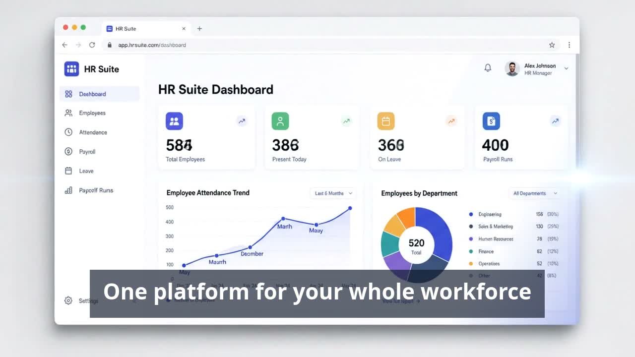 HR Suite dashboard showing employee records and payroll overview